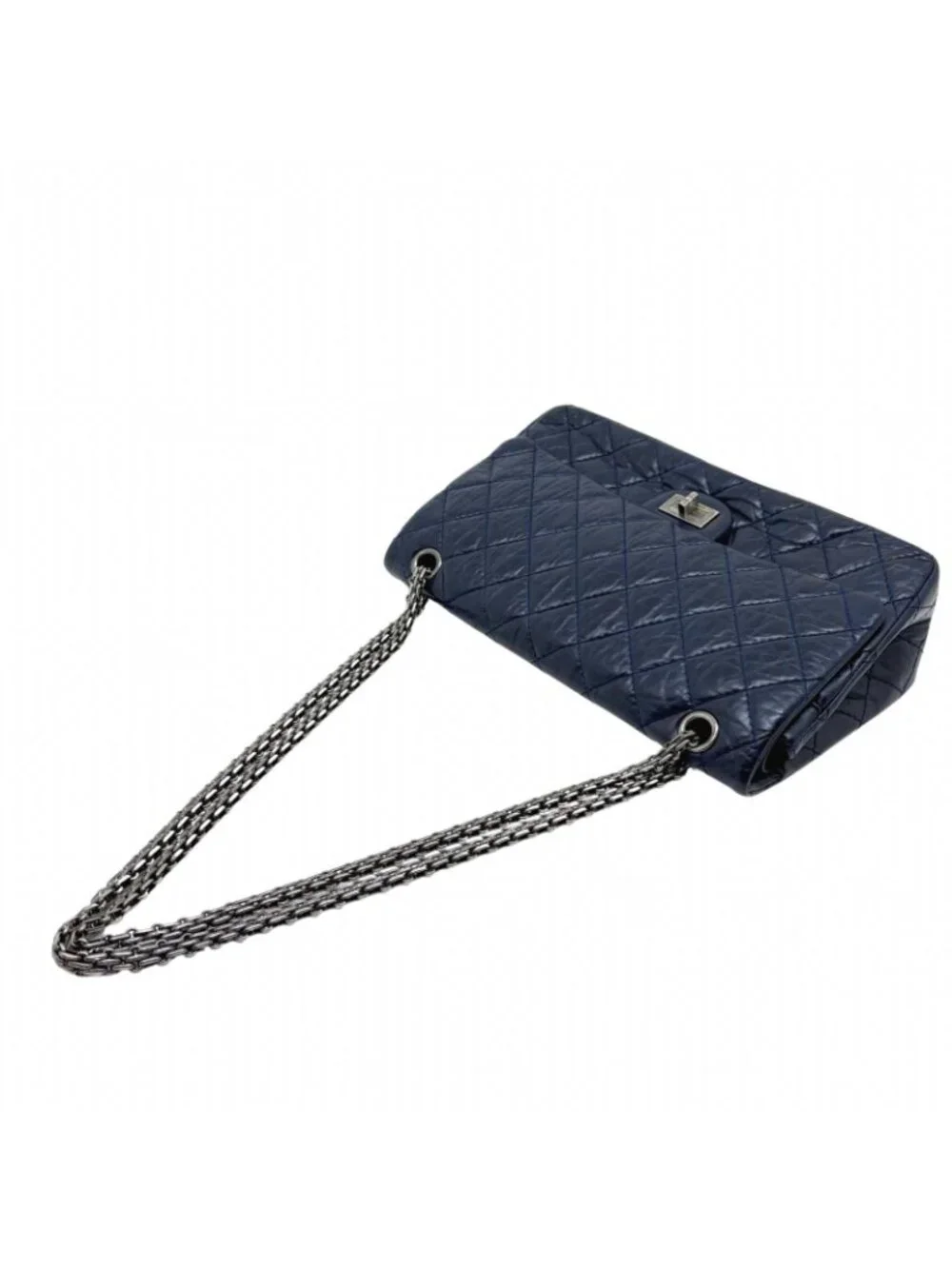 Chanel 2.55 Large Flap Shoulder Bag Aged Calfskin Navy Silver Mademoiselle Lock